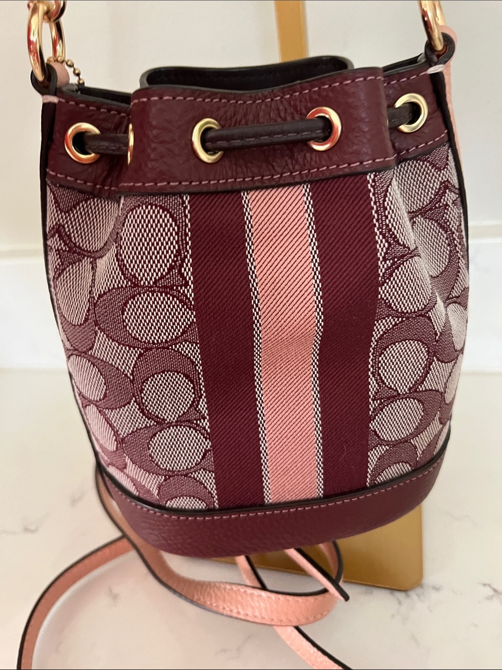 NWOT Coach Mini Dempsey Burgundy Signature Drawstring Bucket Bag - Picture 7 of 12